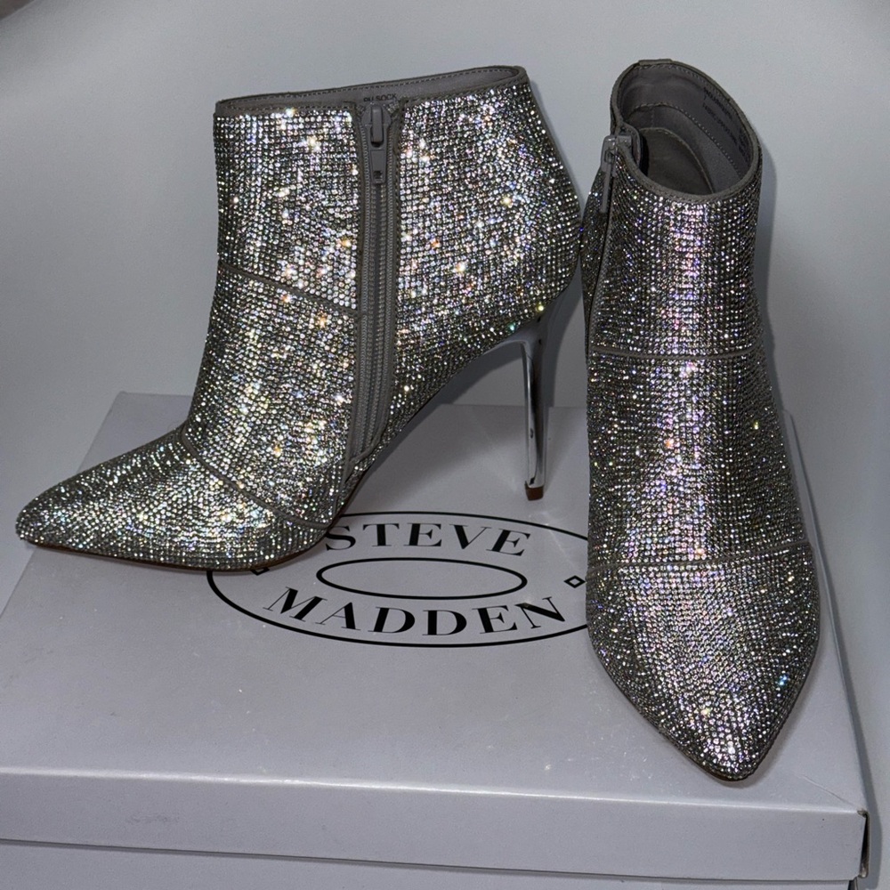 Steve Madden Paola silver rhinestone embellished point toe stiletto heel bootie